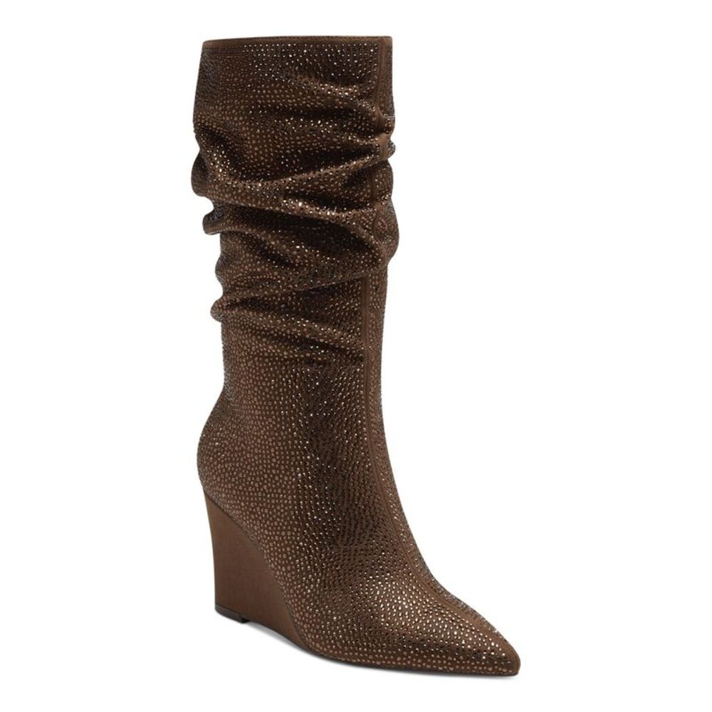 INC Womens Brown Rhinestone Florelle Pointed Toe Wedge Zip-Up Slouch Boot 6.5 M